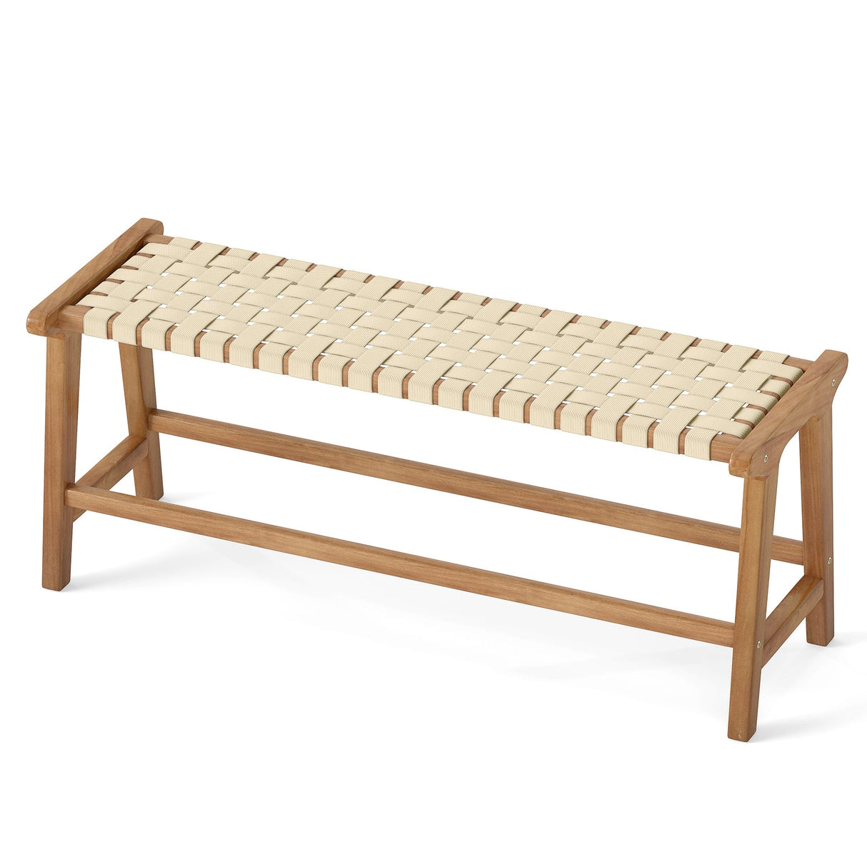 Banco de patio de madera de teca de 47 pulgadas de largo con asiento de mimbre y patas de madera maciza - Natural