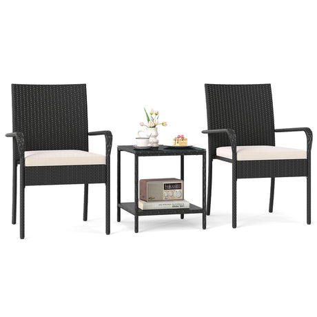Juego de muebles de patio de 3 piezas con cojines de asiento y mesa con cubierta de vidrio templado
