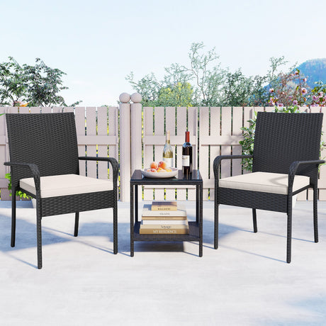 Juego de muebles de patio de 3 piezas con cojines de asiento y mesa con cubierta de vidrio templado