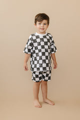 Conjunto de shorts a cuadros blancos y negros de algodón orgánico