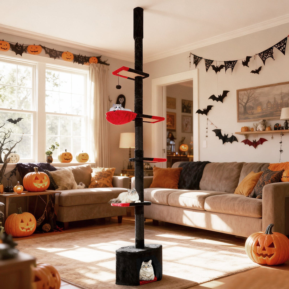 Árbol para gatos gótico de suelo a techo de 97 a 118 pulgadas, ajustable de 5 niveles con condominio - Negro