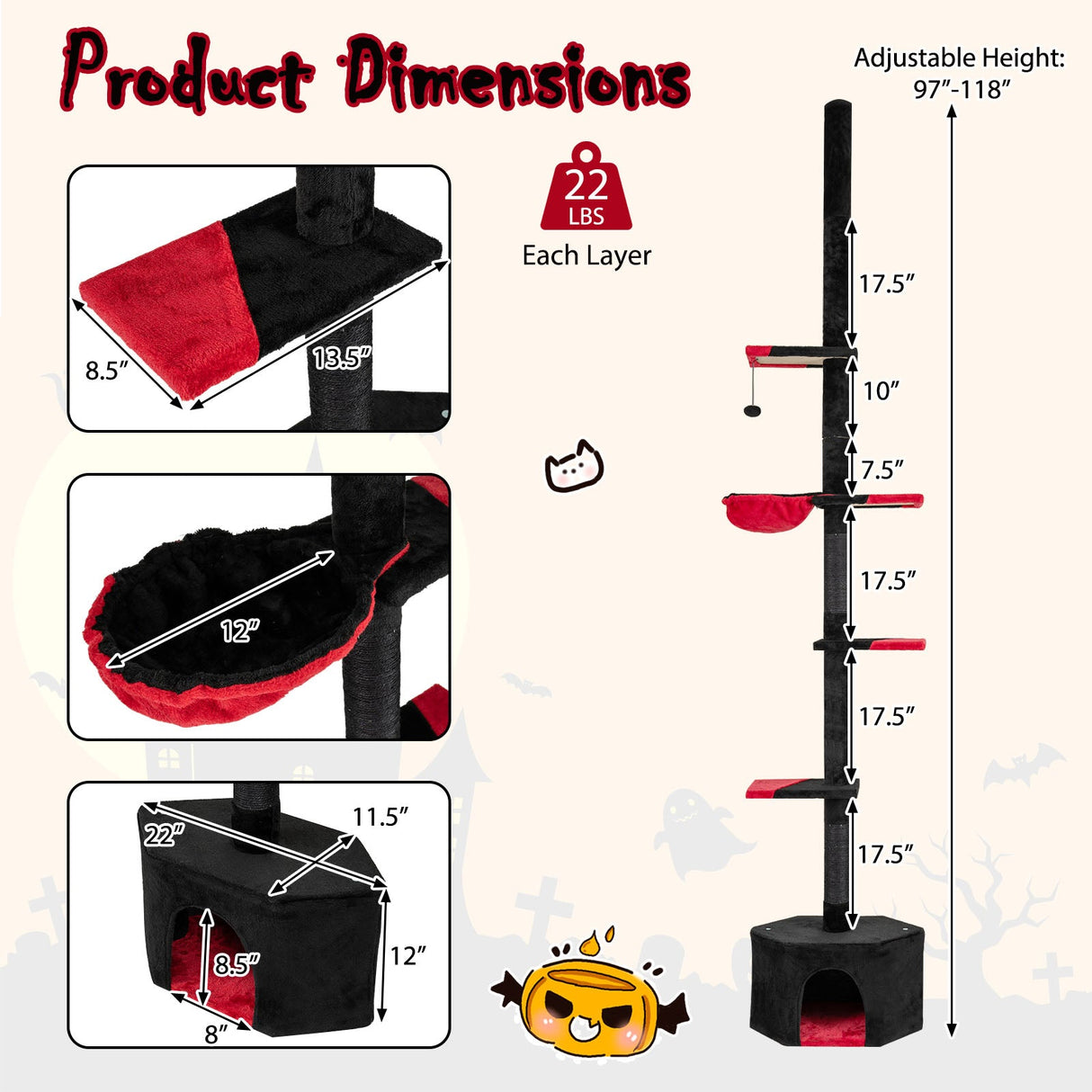 Árbol para gatos gótico de suelo a techo de 97 a 118 pulgadas, ajustable de 5 niveles con condominio - Negro