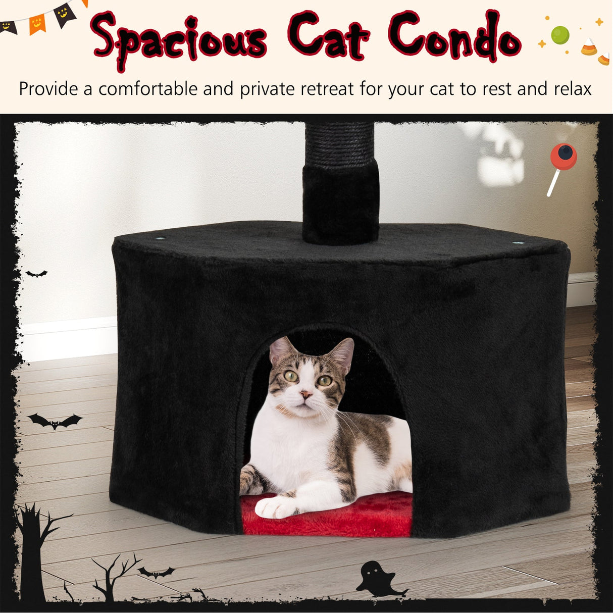 Árbol para gatos gótico de suelo a techo de 97 a 118 pulgadas, ajustable de 5 niveles con condominio - Negro