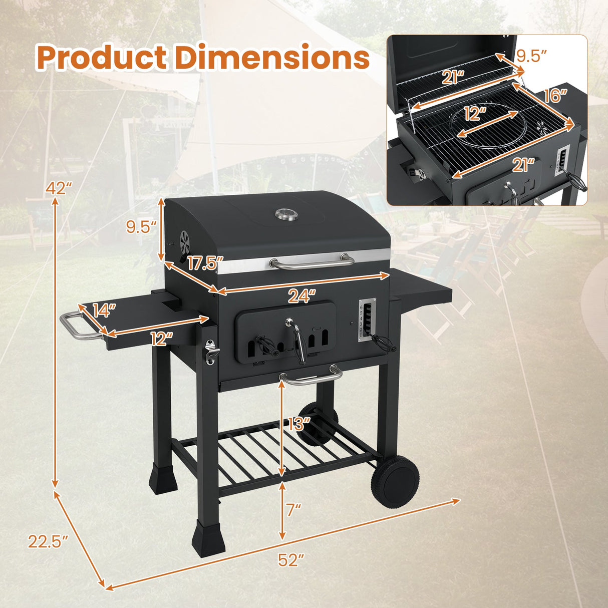 Parrilla de carbón tipo barril de 24 pulgadas con 2 mesas laterales plegables y 3509 cm² de área de cocción
