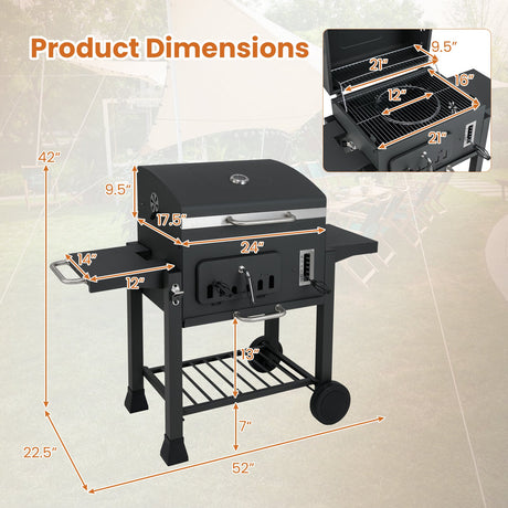 Parrilla de carbón tipo barril de 24 pulgadas con 2 mesas laterales plegables y 3509 cm² de área de cocción