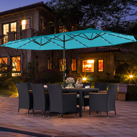 Juego de comedor para patio de 11 piezas con sombrilla de patio LED con base y cojines de asiento (beige)
