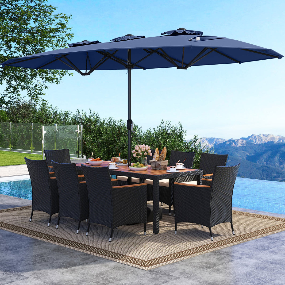 Juego de comedor para exteriores de 10 piezas con sombrilla doble de 4.5 metros