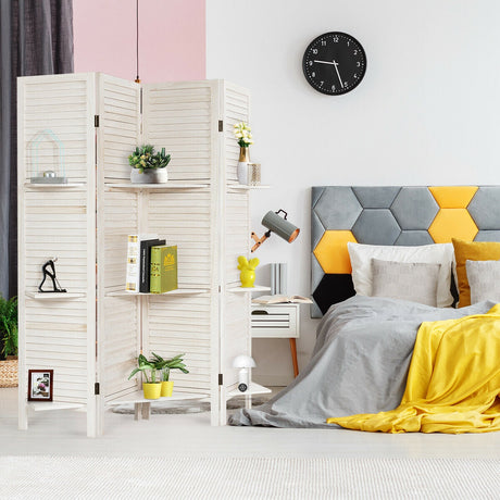 4 Panel Folding Room Divider Screen with 3 Display Shelves