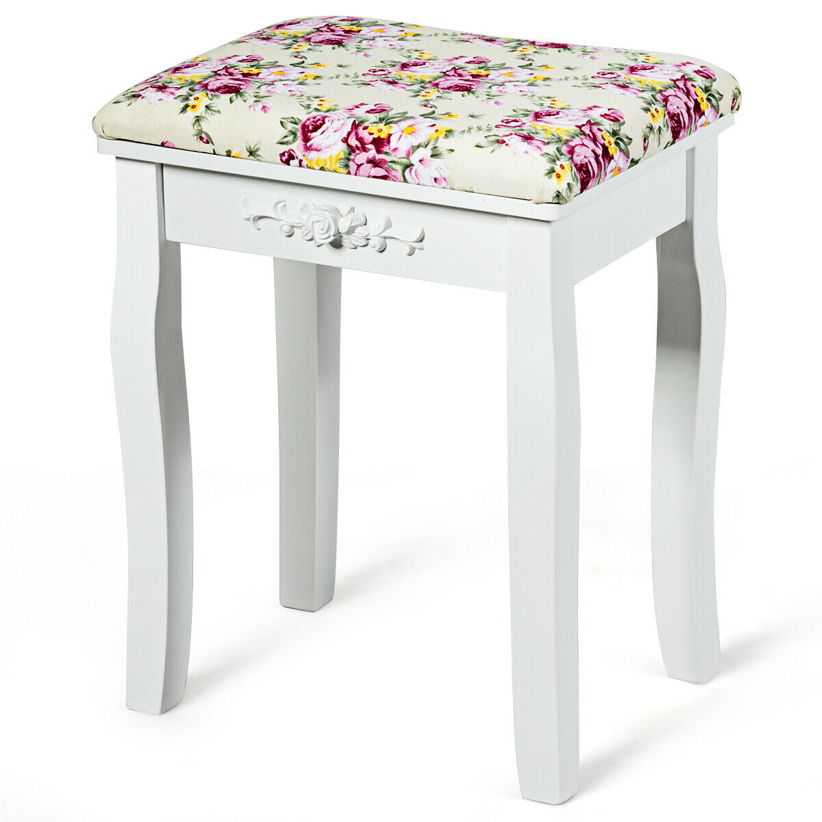 Taburete tocador de madera, asiento de piano acolchado con cojín de rosas