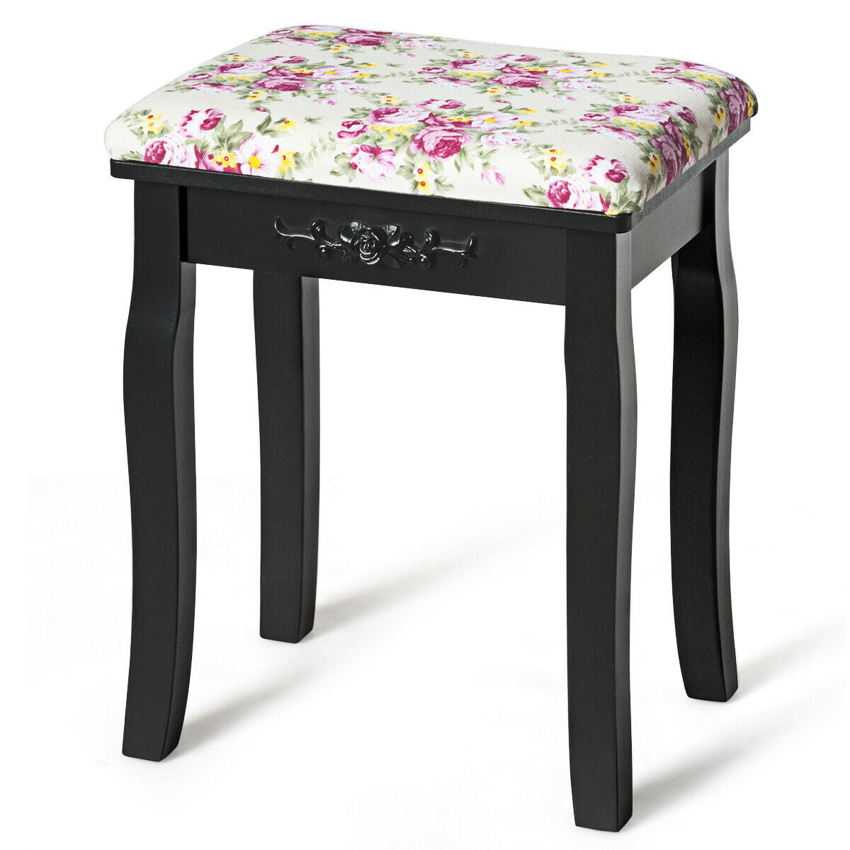 Taburete tocador de madera, asiento de piano acolchado con cojín de rosas