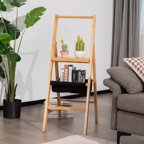Taburete escalera plegable de bambú de 3 peldaños con bolsa de almacenamiento de herramientas - Natural