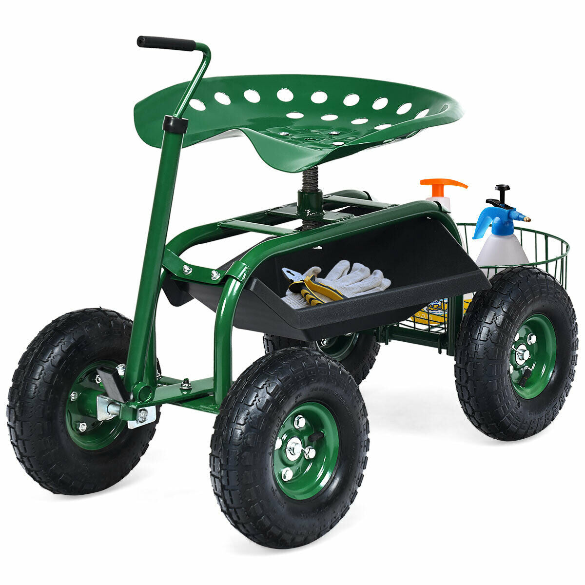 Carro de jardín con manillar extensible y asiento con ruedas