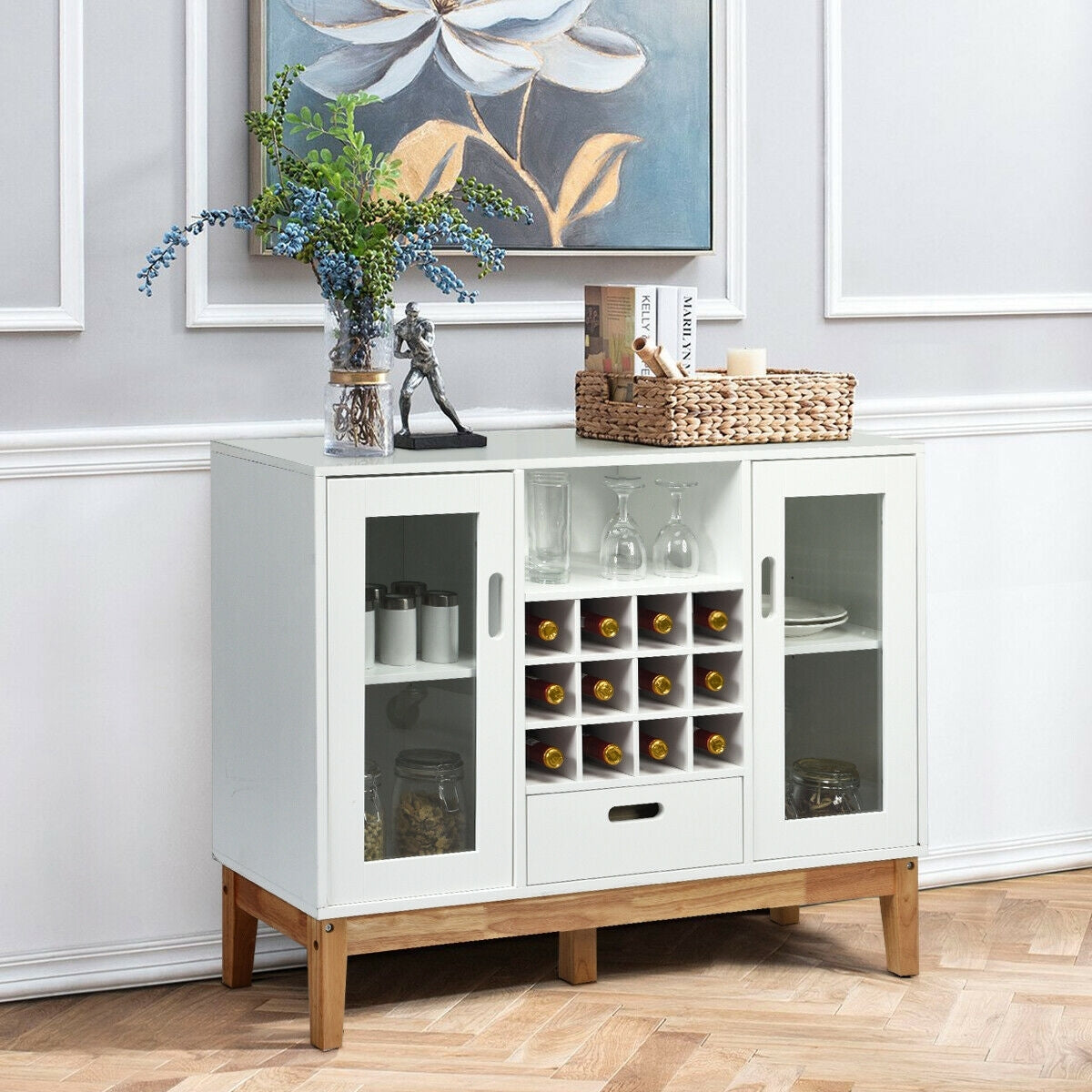 Mueble de almacenamiento de vino de madera Aparador Consola Buffet Servidor - Blanco