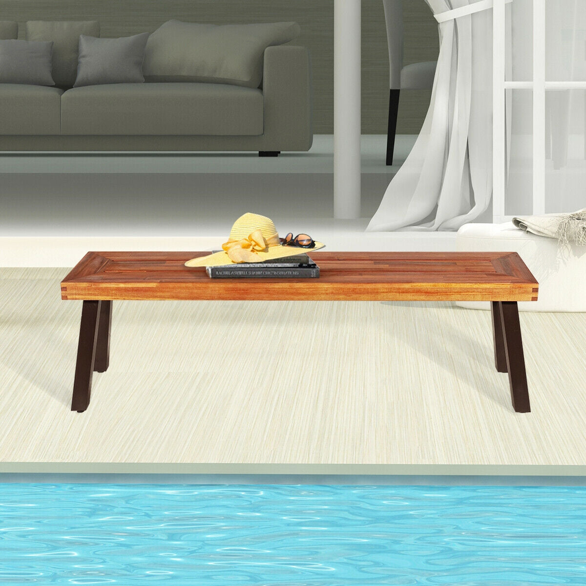 Banco de comedor de madera de acacia para patio con patas de acero