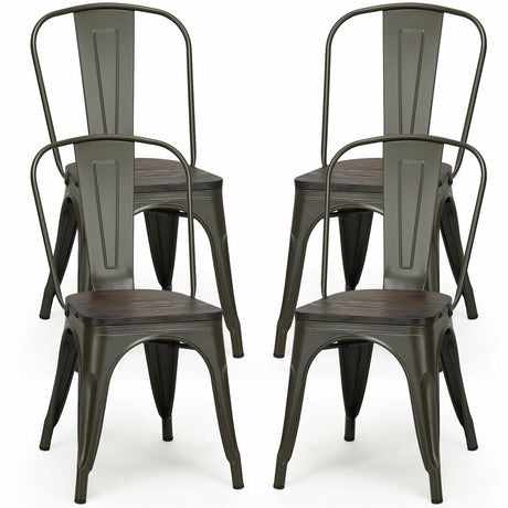 4 sillas de comedor metálicas apilables estilo Tolix con asiento de madera