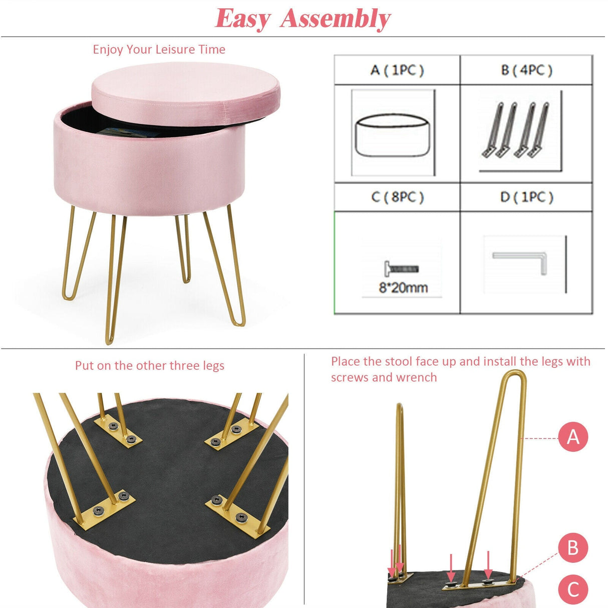 Taburete otomano redondo de terciopelo con almacenamiento, reposapiés, silla de tocador con patas de metal