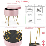 Taburete otomano redondo de terciopelo con almacenamiento, reposapiés, silla de tocador con patas de metal