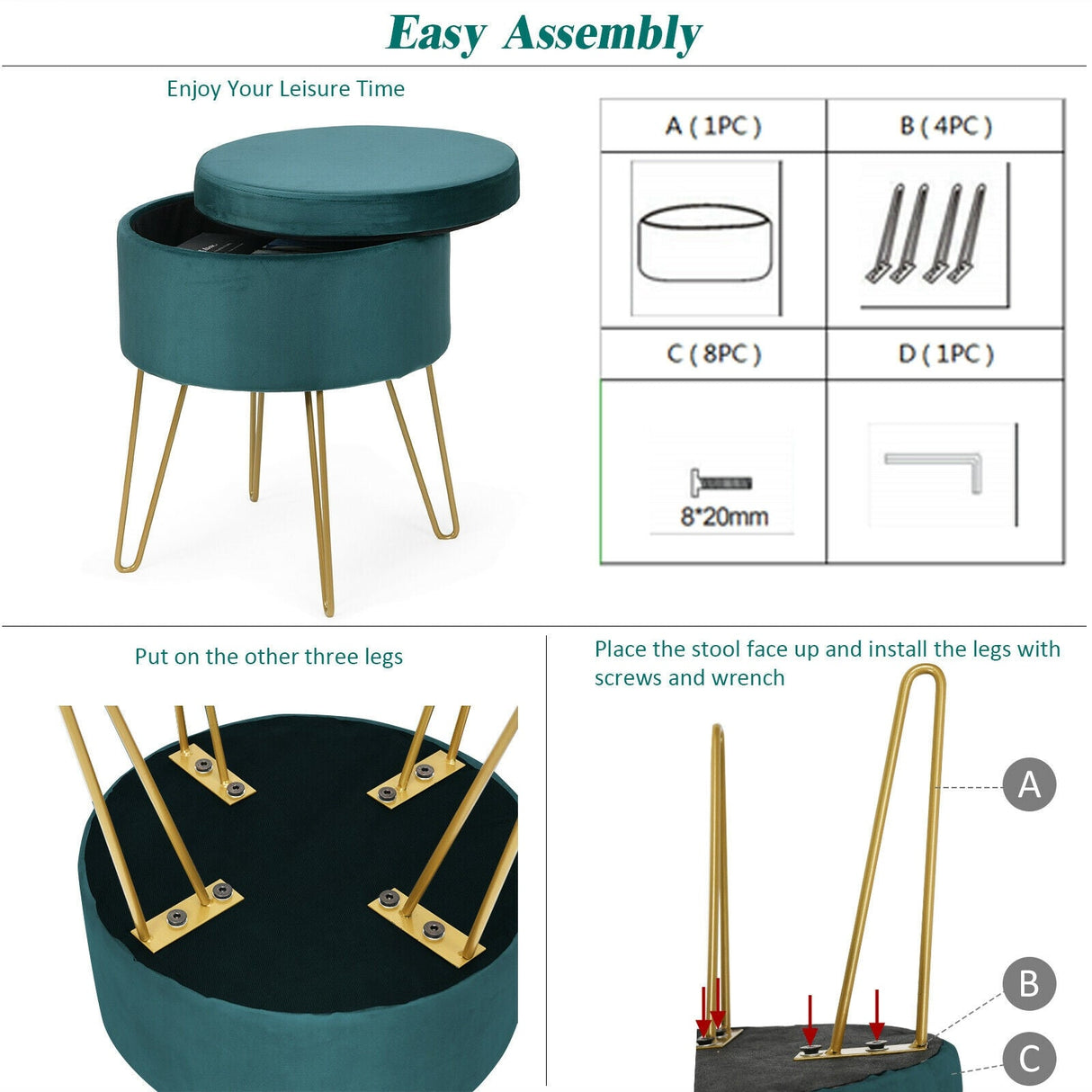 Taburete otomano redondo de terciopelo con almacenamiento, reposapiés, silla de tocador con patas de metal
