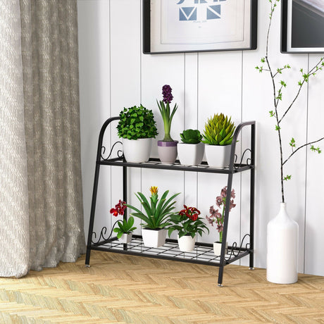 Soporte metálico de 2 niveles para plantas de patio