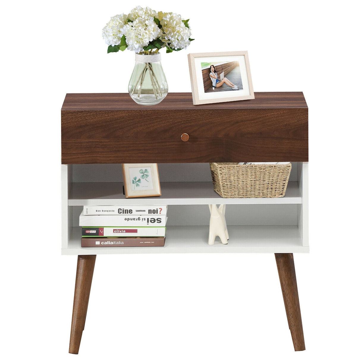 Mesita de Noche Mid-Century con Cajón y Patas de Madera de Caucho