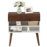 Mesita de Noche Mid-Century con Cajón y Patas de Madera de Caucho