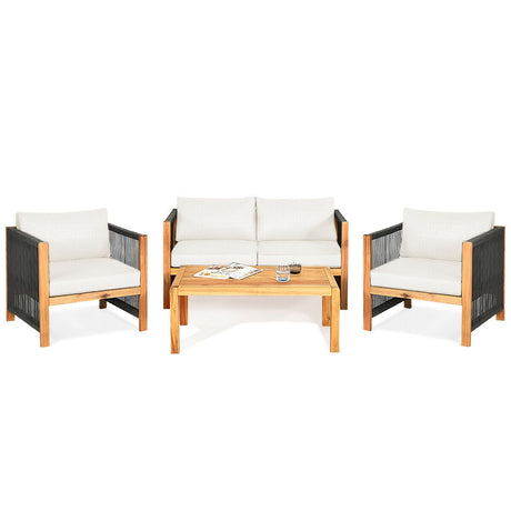 4 Pieces Acacia Wood Outdoor Patio Furniture Set with Cushions
