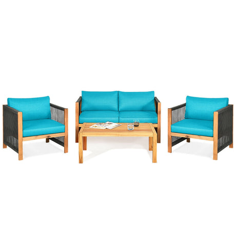 4 Pieces Acacia Wood Outdoor Patio Furniture Set with Cushions