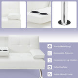 Convertible Folding Leather Futon Sofa with Cup Holders and Armrests