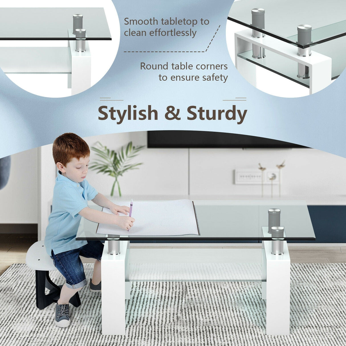 Mesa de centro rectangular de cristal con patas metálicas para salón