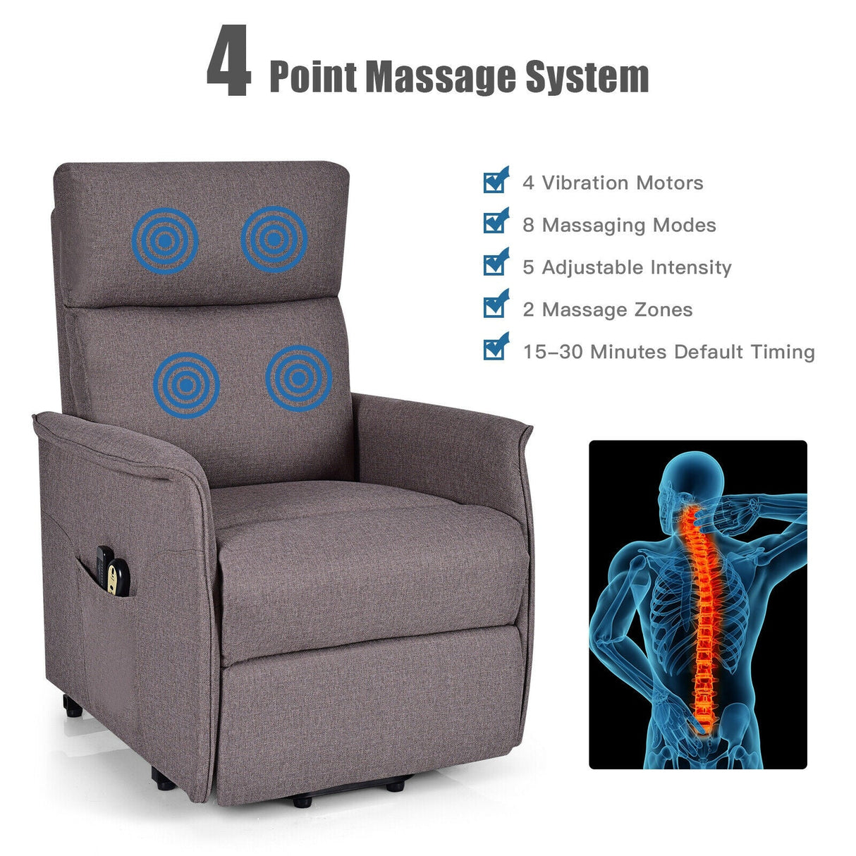 Sillón reclinable de masaje con elevación eléctrica para personas mayores con cojín acolchado grueso