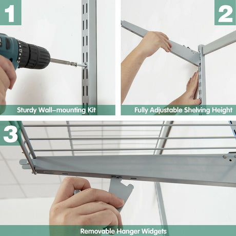 Kit organizador de sistema de armario de pared de 0,9 a 1,8 m con barra para colgar - Gris