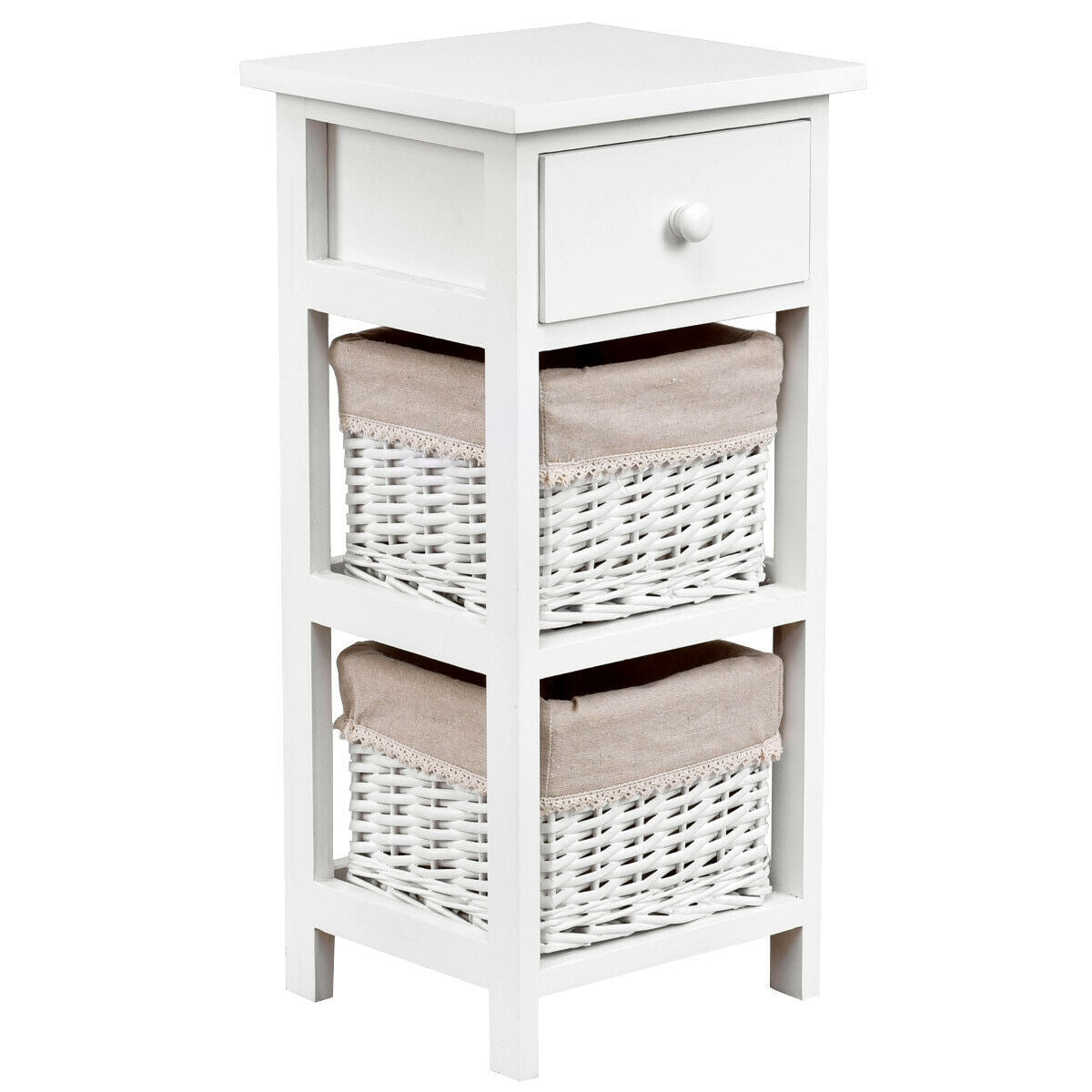Mesa auxiliar de noche para dormitorio con cajones y cestas, 2 unidades, color blanco