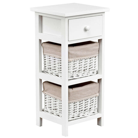Mesa auxiliar de noche para dormitorio con cajones y cestas, 2 unidades, color blanco