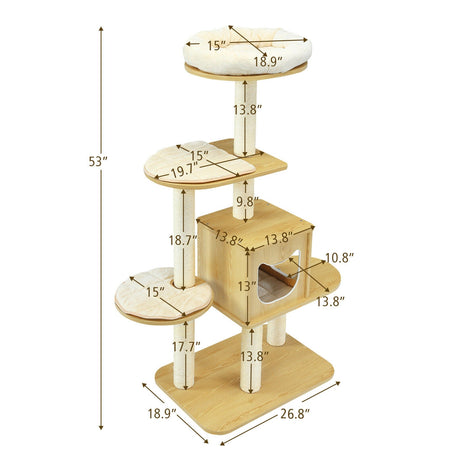 Torre para gatos moderna de madera de 4 niveles con alfombrillas lavables - Nogal