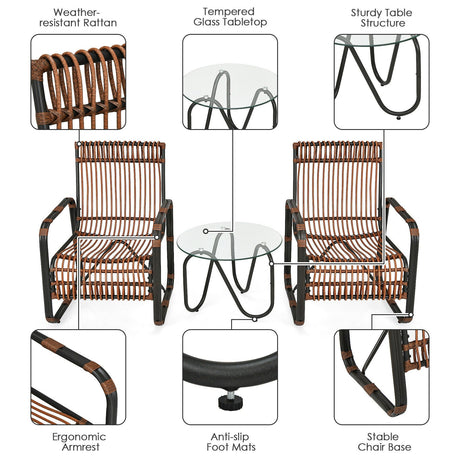 Juego de Muebles de Patio de Ratán de 3 Piezas con 2 Sillas Individuales de Mimbre y Mesa Auxiliar de Cristal