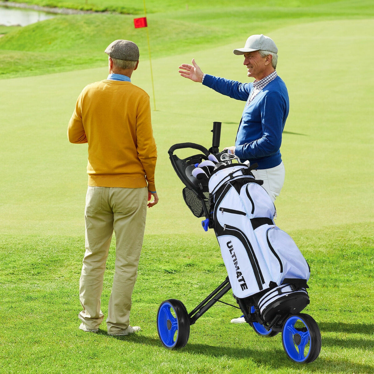 Carro de golf plegable de 3 ruedas con freno, marcador y mango ajustable