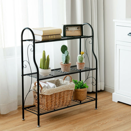 Soporte metálico de 3 niveles con diseño de volutas para plantas - Negro