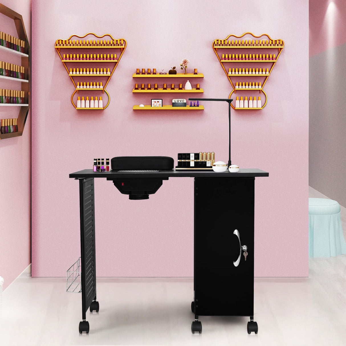 Mesa de manicura de lujo con estructura de acero para salón