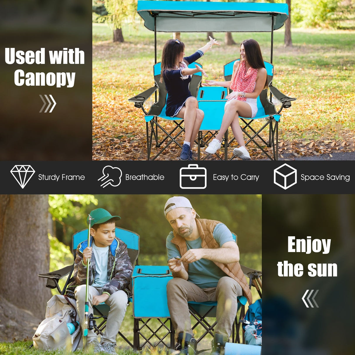 Sillas portátiles de camping plegables con dosel y portavasos