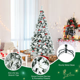 Árbol de Navidad Artificial de 1.83 m con Aspecto Nevado, Bisagras, Bayas y Flores de Pascua