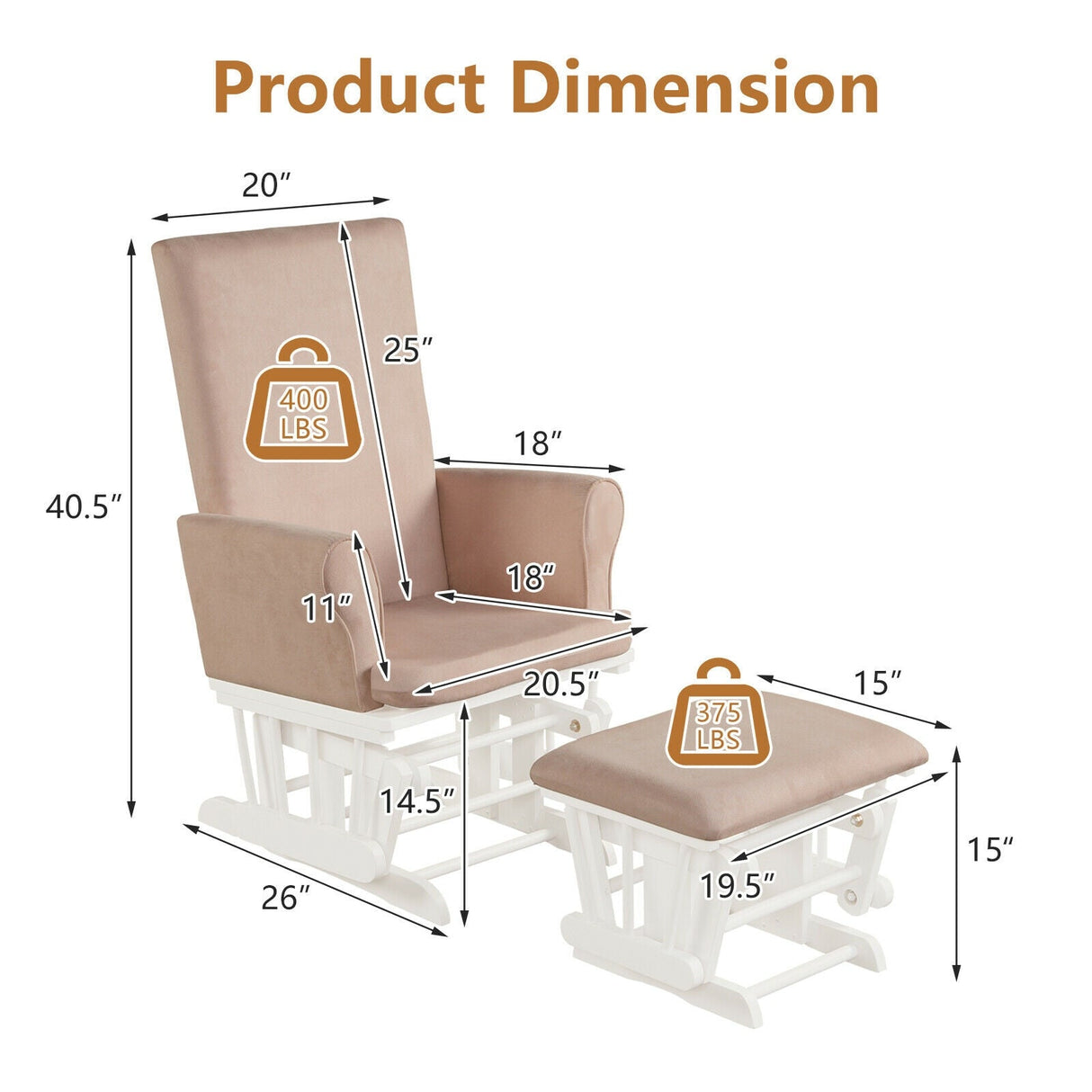 Set de sillón mecedora y otomana con cojines para guardería de bebé