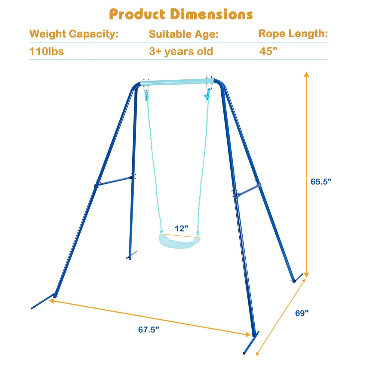 Outdoor Kids Swing Set with Heavy-Duty Metal A-Frame and Ground Stakes