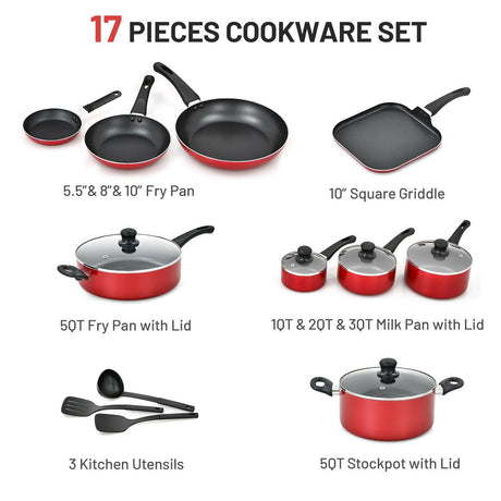 Juego de ollas y sartenes de cocina antiadherentes anodizado duro de 17 piezas