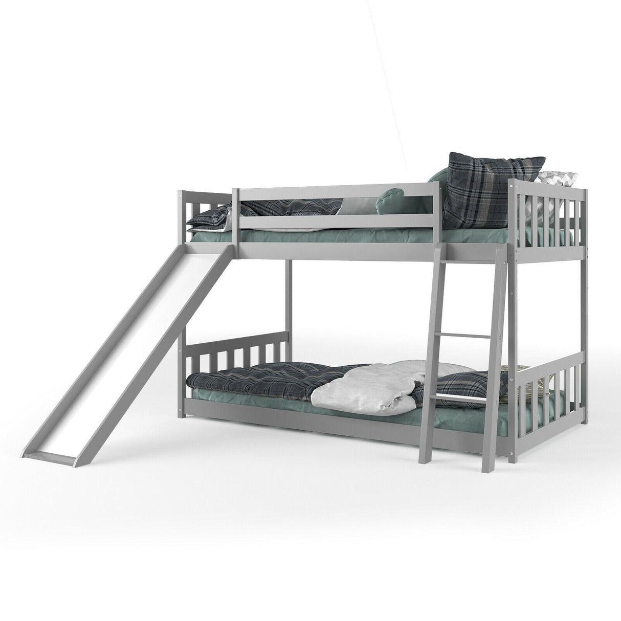 Twin over Twin Bunk Wooden Low Bed with Slide Ladder for Kids