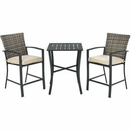 Juego de muebles de bar de ratán de 3 piezas con mesa de listones y 2 taburetes acolchados