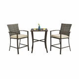 3 Pieces Rattan Bar Furniture Set with Slat Table and 2 Cushioned Stools