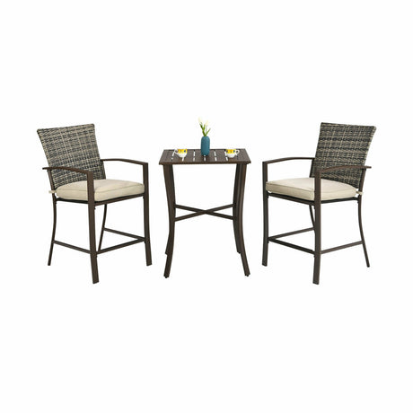 Juego de muebles de bar de ratán de 3 piezas con mesa de listones y 2 taburetes acolchados