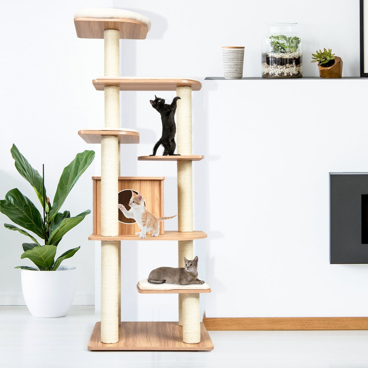 Árbol para gatos de madera de 7 niveles, torre alta para gatos con postes de sisal y condominio