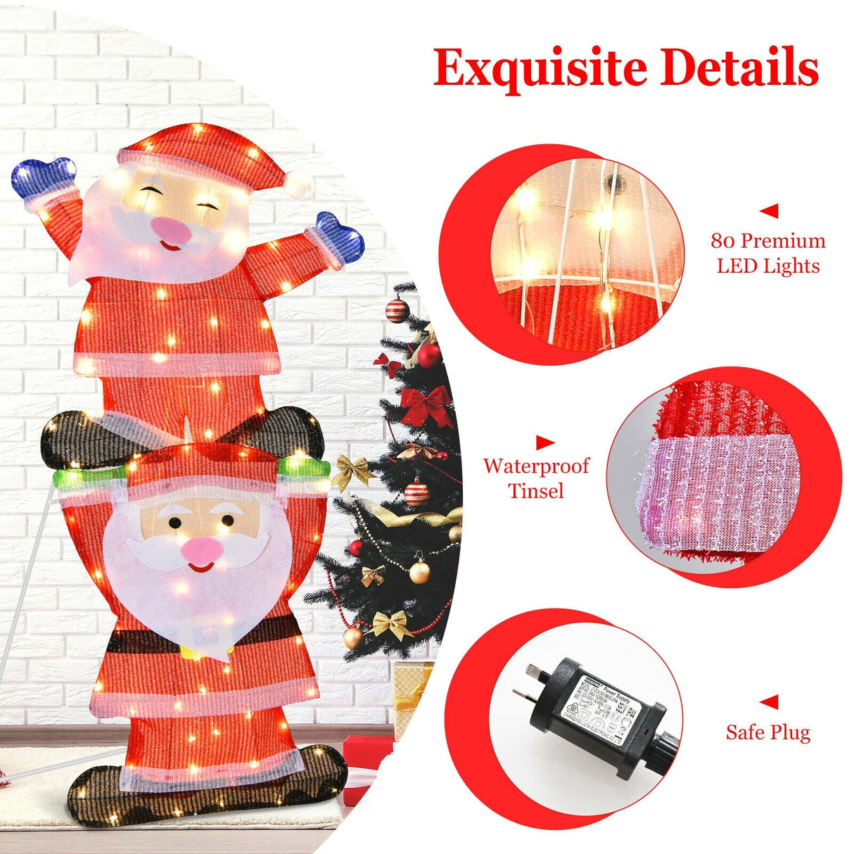 Decoración navideña doble de Papá Noel con luces de cadena y estacas para jardín con LED