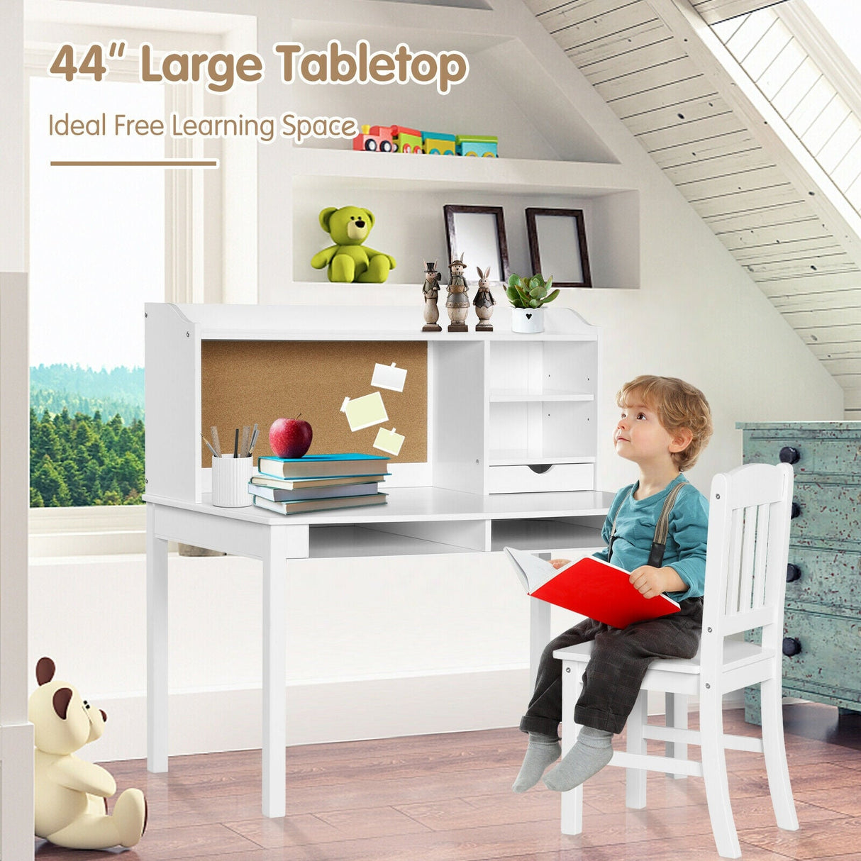 Juego de escritorio y silla para niños, escritorio de estudio con estantería y repisas